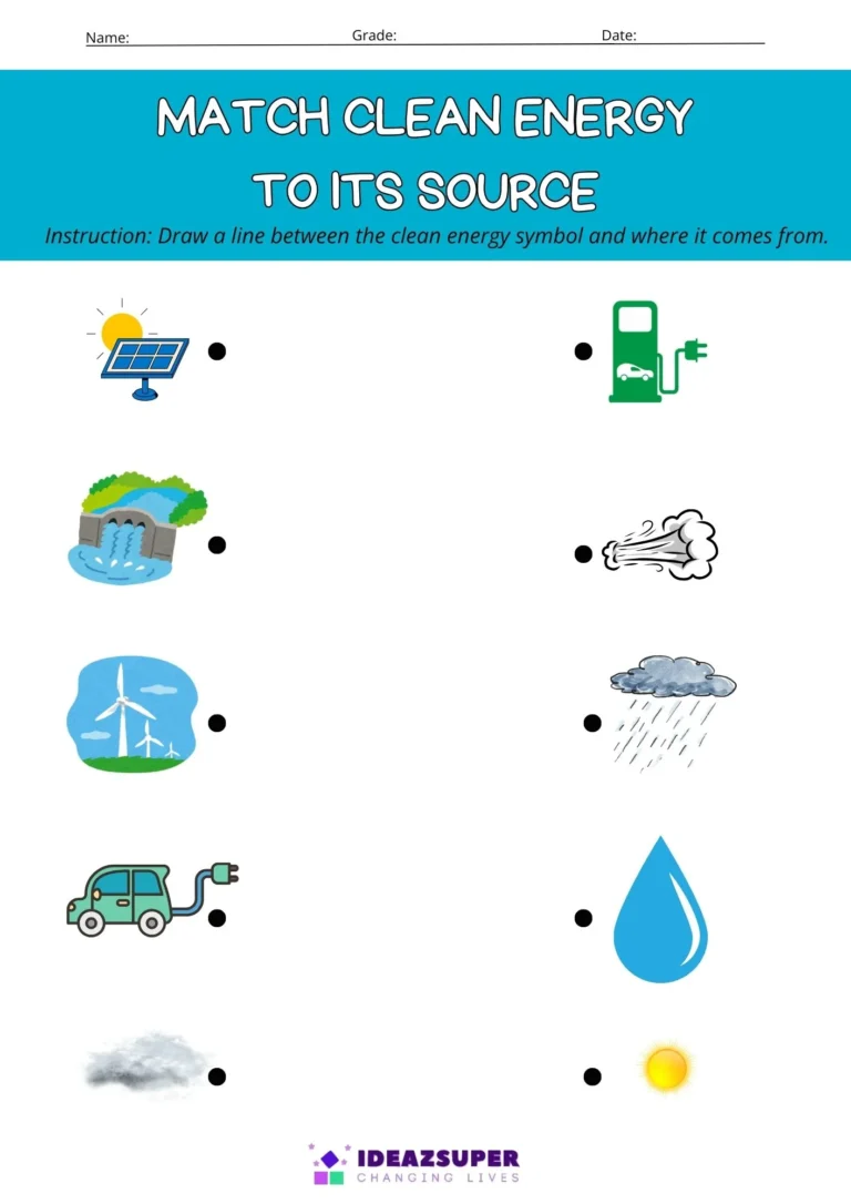 Clean Energy Day worksheet: match clean energy to its source