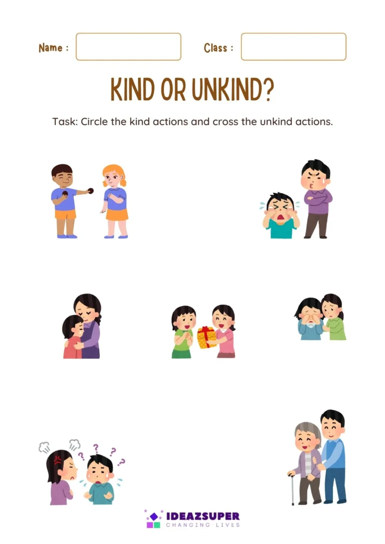 Holocaust Remembrance Day kindness worksheet: kind or unkind