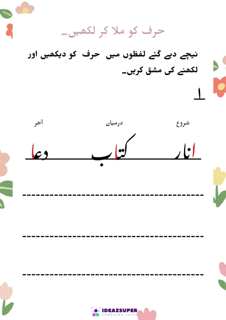 Urdu letter forms worksheet (ا to ث): letter at the start, middle and end of words, page 1