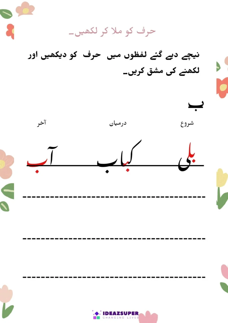 Urdu letter forms worksheet (ا to ث): letter at the start, middle and end of words, page 2