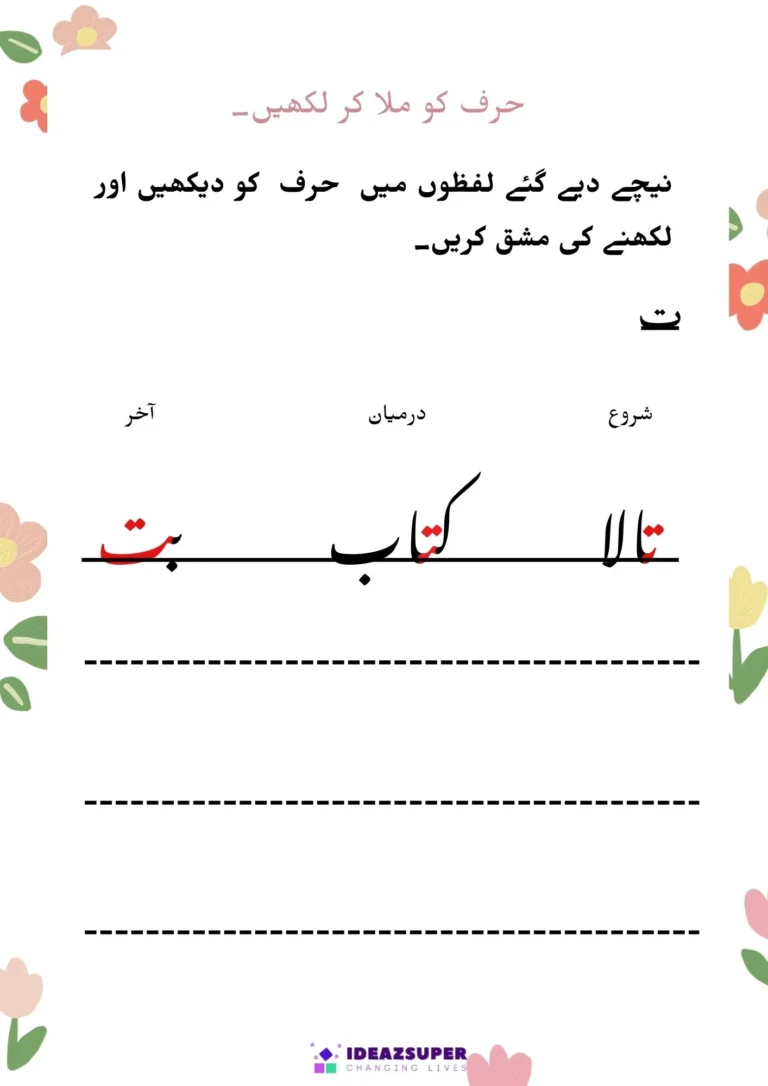 Urdu letter forms worksheet (ا to ث): letter at the start, middle and end of words, page 4