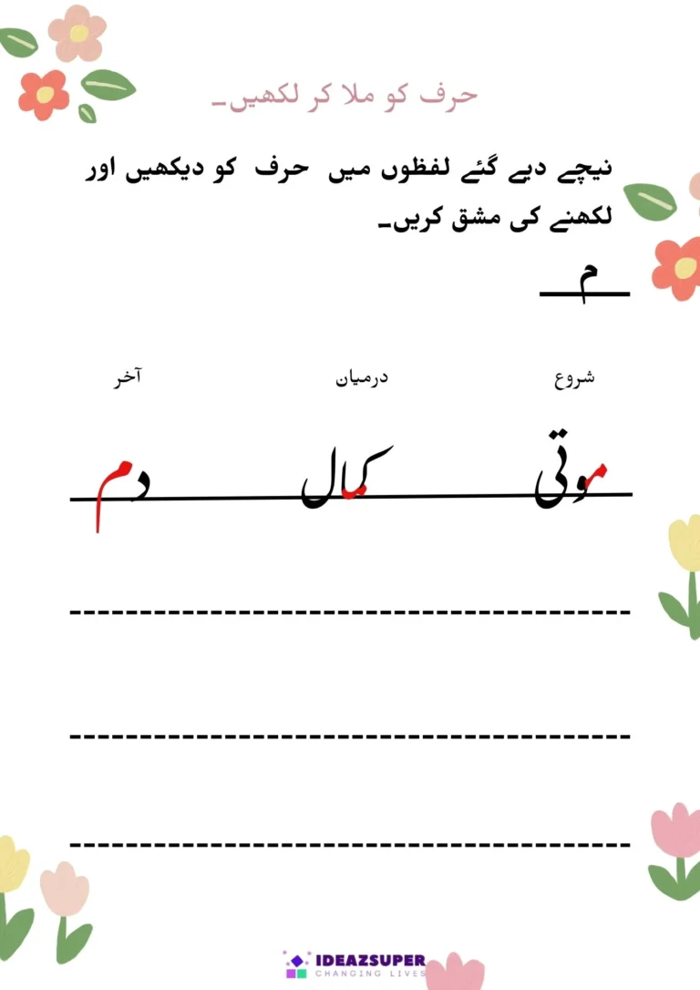 Urdu letter forms worksheet (م to ے): letter at the start, middle and end of words, page 2