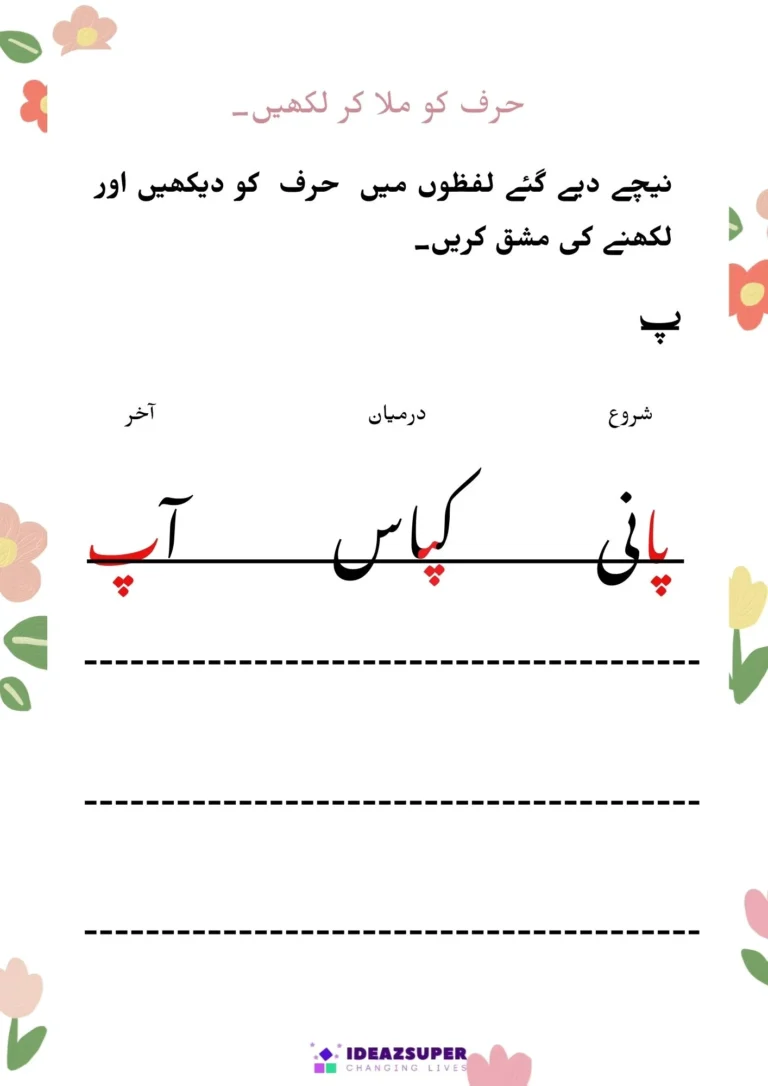 Urdu letter forms worksheet (ا to ث): letter at the start, middle and end of words, page 3