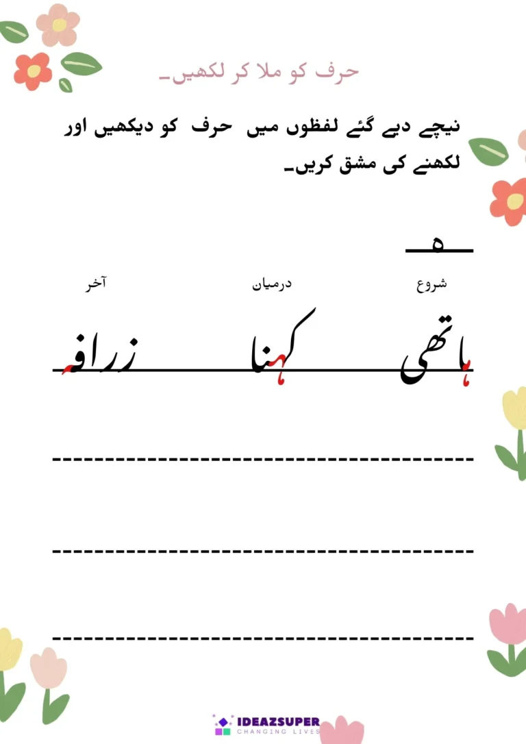 Urdu letter forms worksheet (م to ے): letter at the start, middle and end of words, page 3