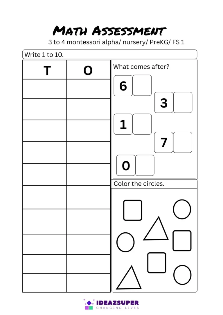 Math assessment Test 2 for ages 3–4, page 1: write 1 to 10, what comes after and colour the circles