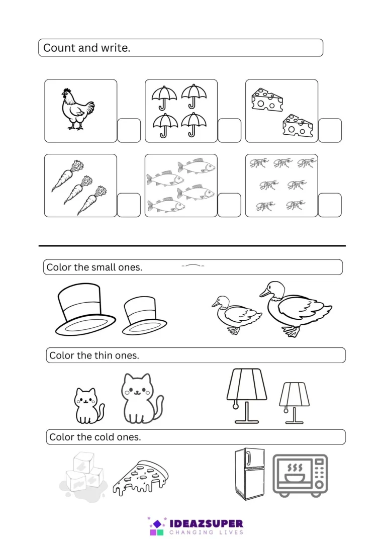 Math assessment Test 2 for ages 3–4, page 2: count and write, colour the small, thin and cold ones