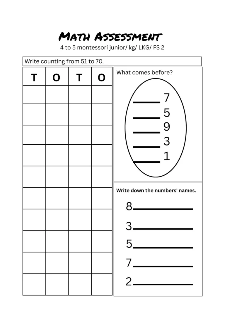 Math assessment Test 1 for ages 4–5, page 1: counting 51 to 70, what comes before and number names