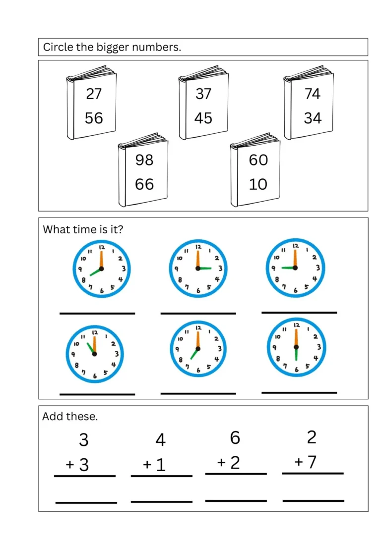 Math assessment Test 1 for ages 4–5, page 2: circle the bigger number, what time is it and addition