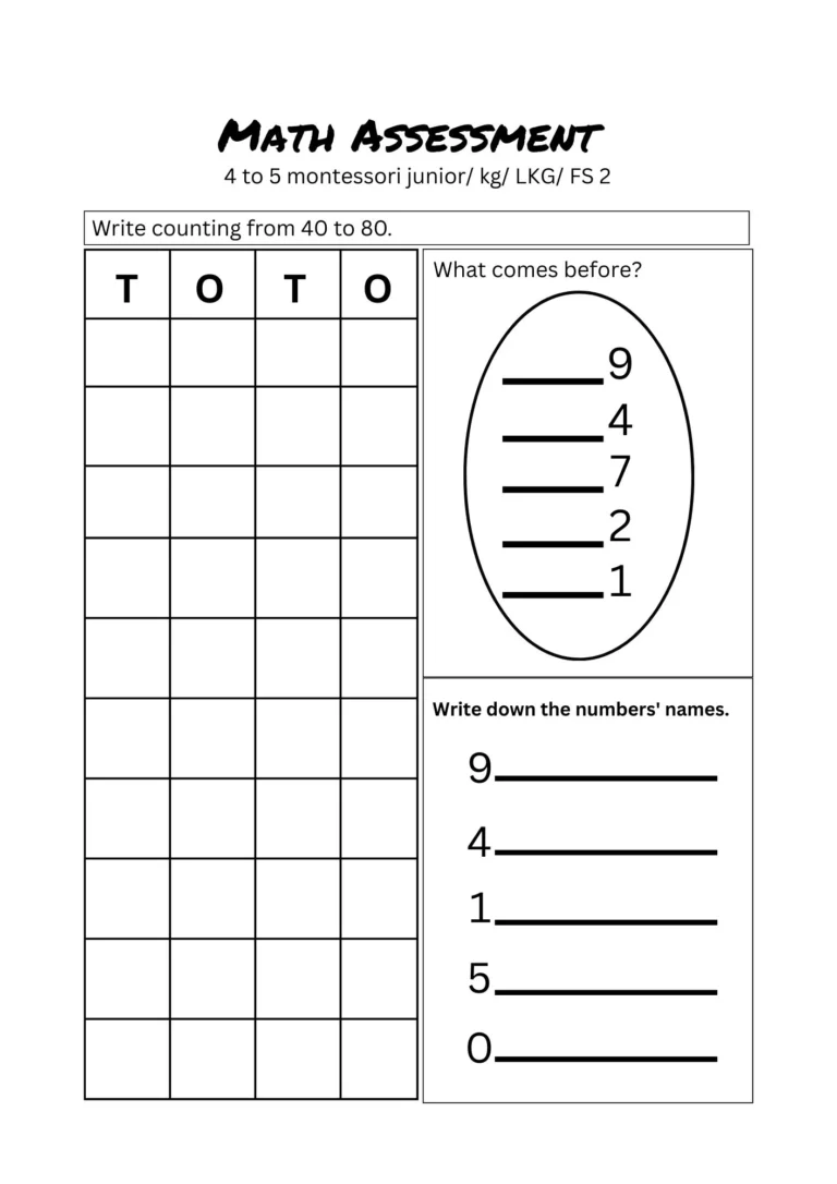 Math assessment Test 2 for ages 4–5, page 1: counting 40 to 80, what comes before and number names
