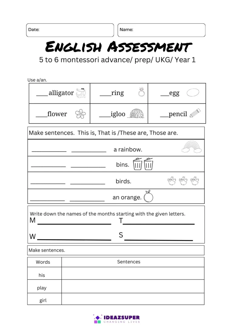 English Assessment Test 1 for Age 6+ (Free PDF) sample page 1