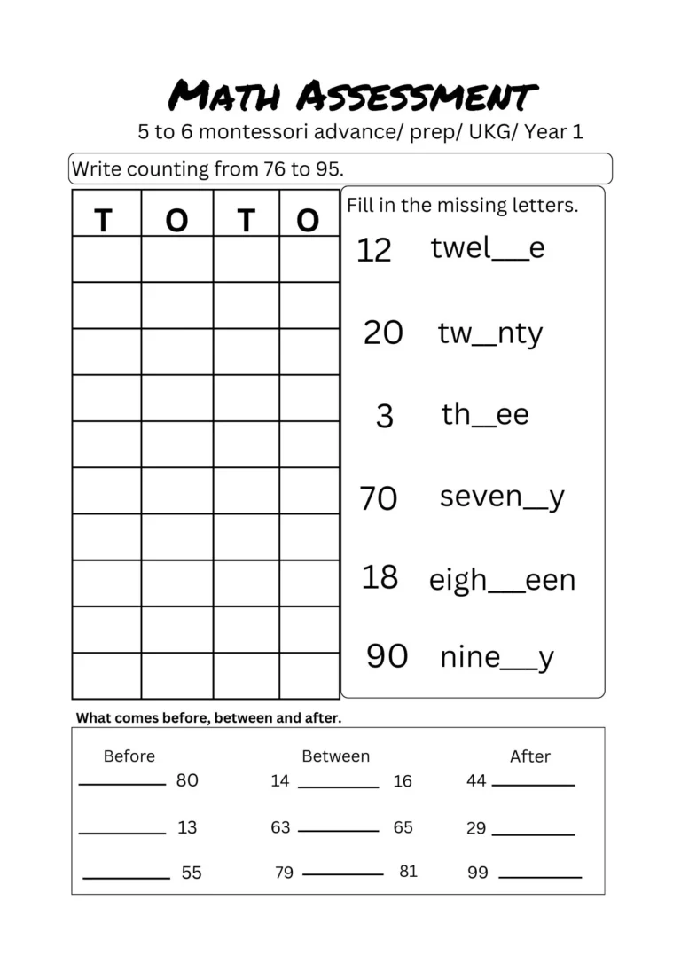 Math assessment Test 1 for ages 5–6, page 1: counting 76 to 95, missing letters in number words, before, between and after