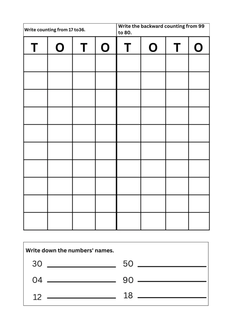 Math assessment Test 1 for ages 5–6, page 3: counting 17 to 36, backward counting from 99 and number names