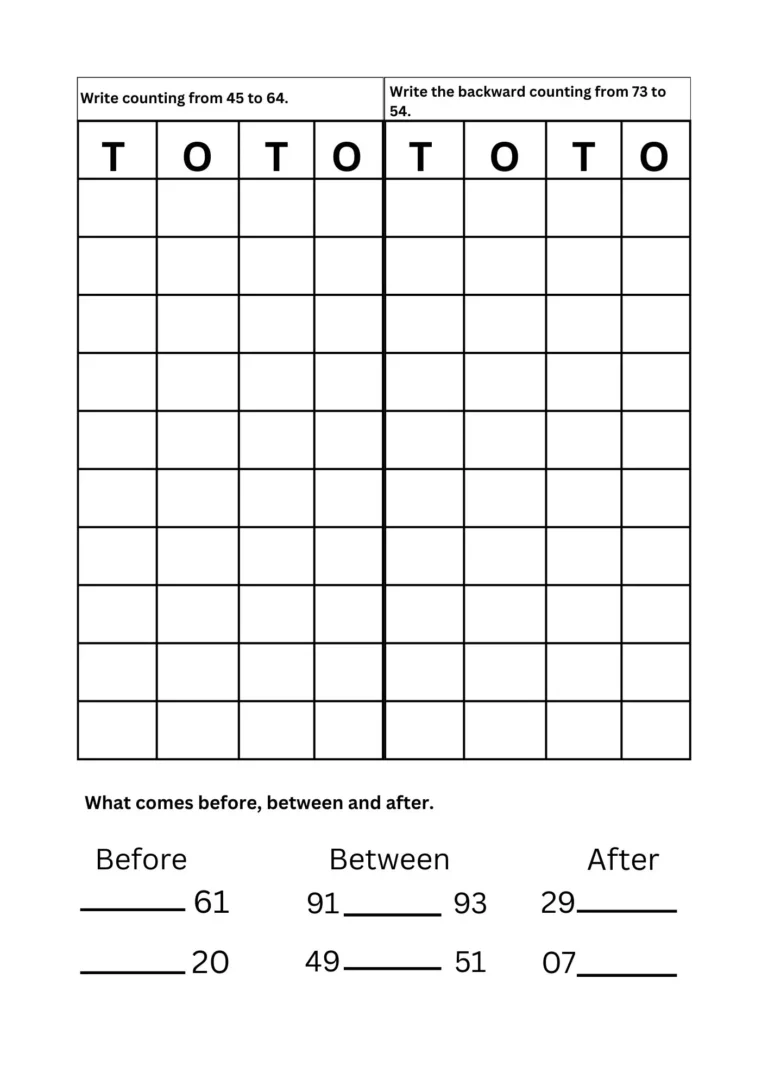 Math assessment Test 1 for ages 5–6, page 4: counting 45 to 64, backward counting from 73, before, between and after