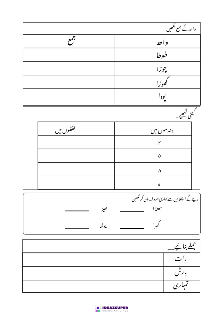 Urdu Assessment Test 1 for age 6+: opposites and gender