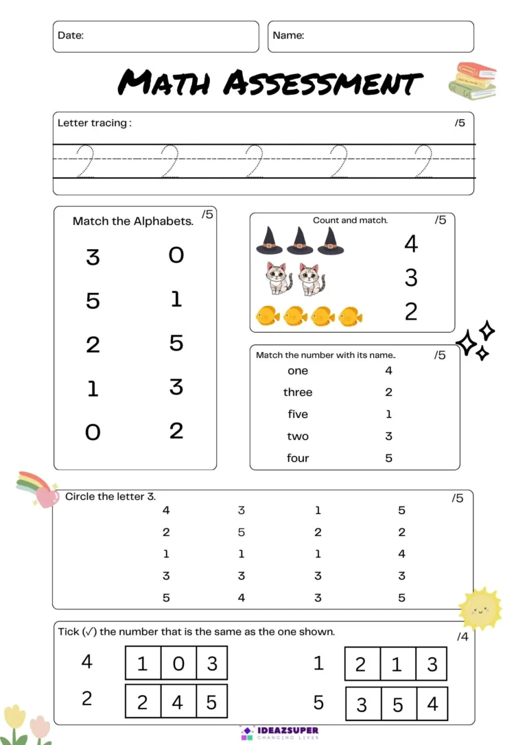 Math admission test practice for ages 3–4, page 1: trace, match, count and match, number names, circle the 3