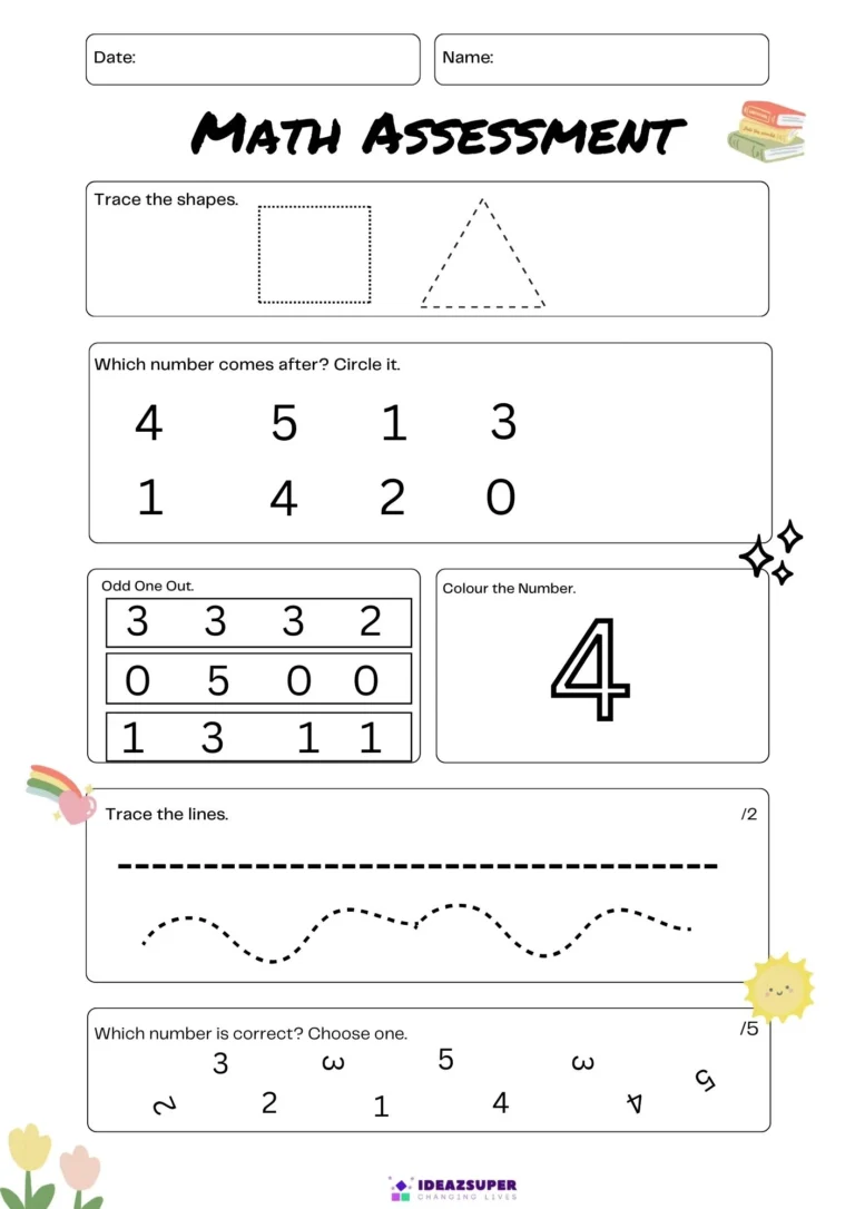 Math admission test practice for ages 3–4, page 2: trace shapes and lines, what comes after, odd one out, colour the number