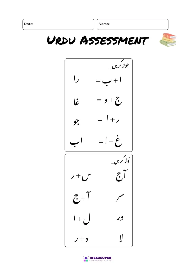 Urdu admission test for age 5+: letter order and letter families