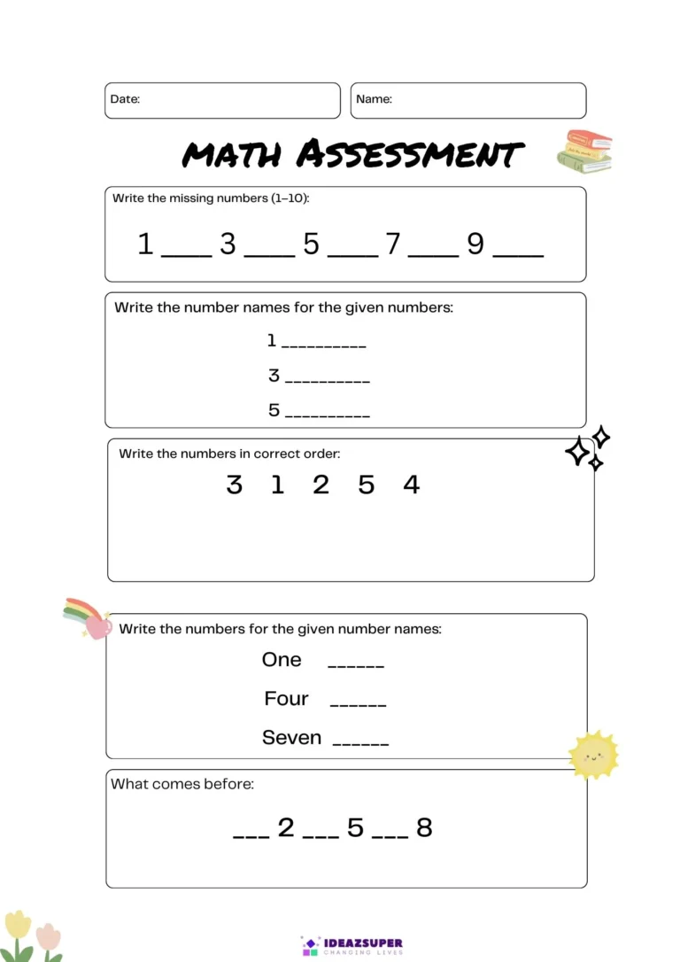 Math admission test practice for ages 4–5, page 1: missing numbers, number names, order and what comes before