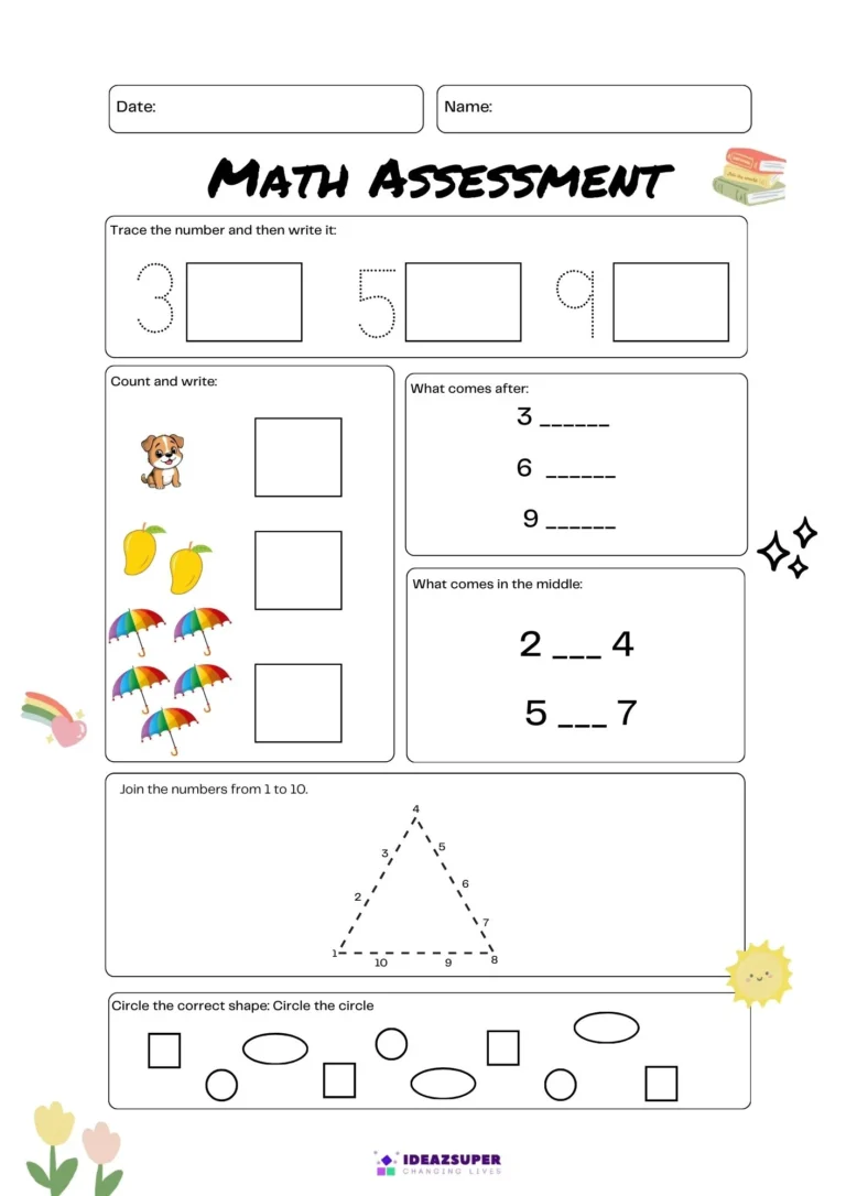 Math admission test practice for ages 4–5, page 2: trace and write, count, what comes after, join the dots and shapes