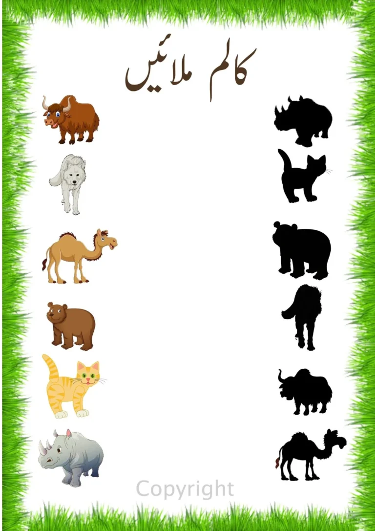 Urdu animals worksheet: match each animal to its shadow