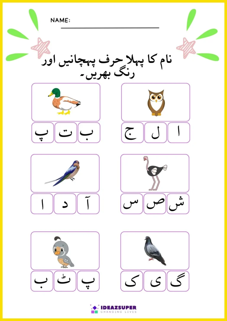 Urdu birds worksheet: find the first letter of each bird's name
