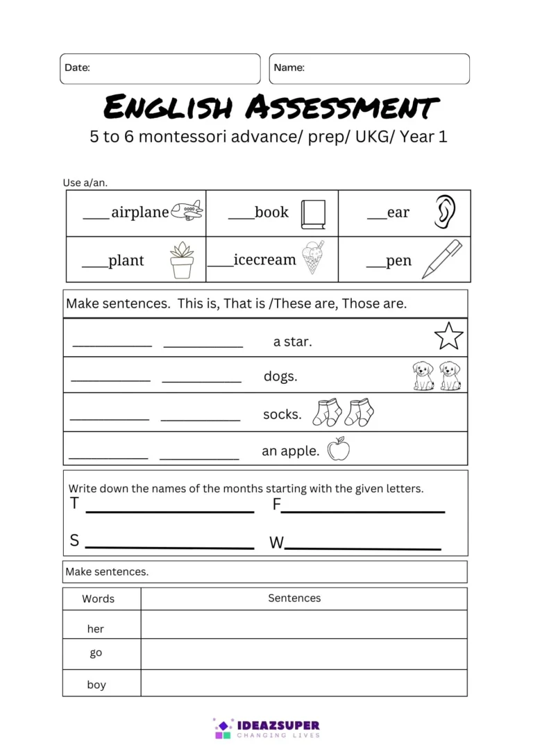 English Assessment Test 2 for Age 6+ (Free PDF) sample page 1