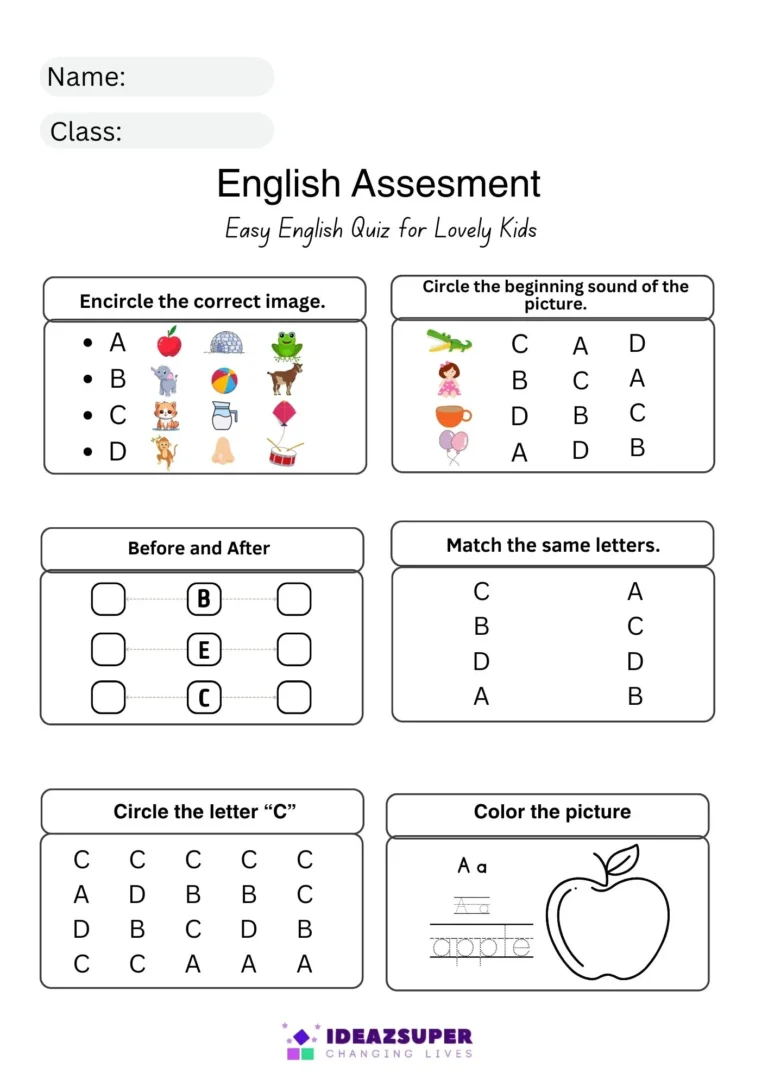 English Assessment Worksheets for Ages 3–6 (Free PDF) sample page 1