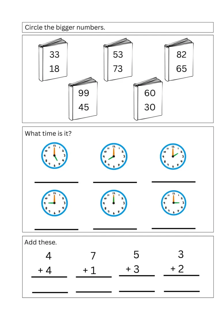 Math assessment Test 2 for ages 4–5, page 2: circle the bigger number, what time is it and addition