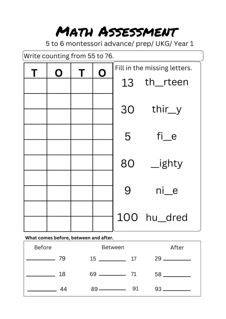Math assessment Test 2 for ages 5–6, page 1: counting 55 to 76, missing letters in number words, before, between and after