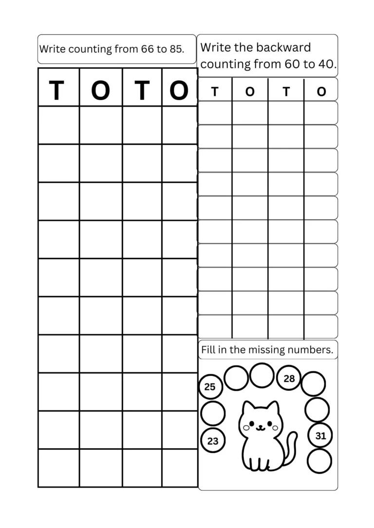 Math assessment Test 2 for ages 5–6, page 2: counting, backward counting and missing numbers