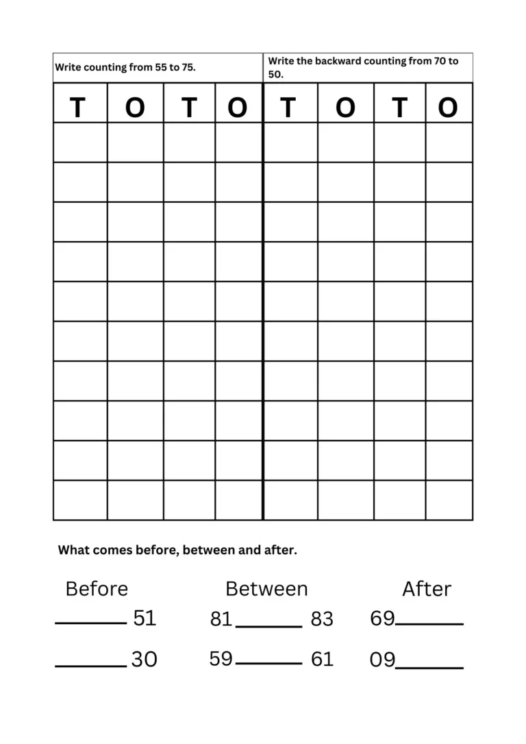 Math assessment Test 2 for ages 5–6, page 4: counting, backward counting, before, between and after