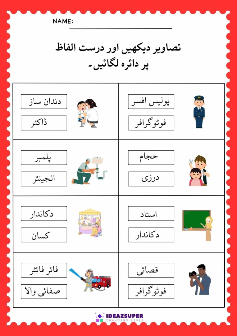 Urdu professions worksheet: circle the correct word