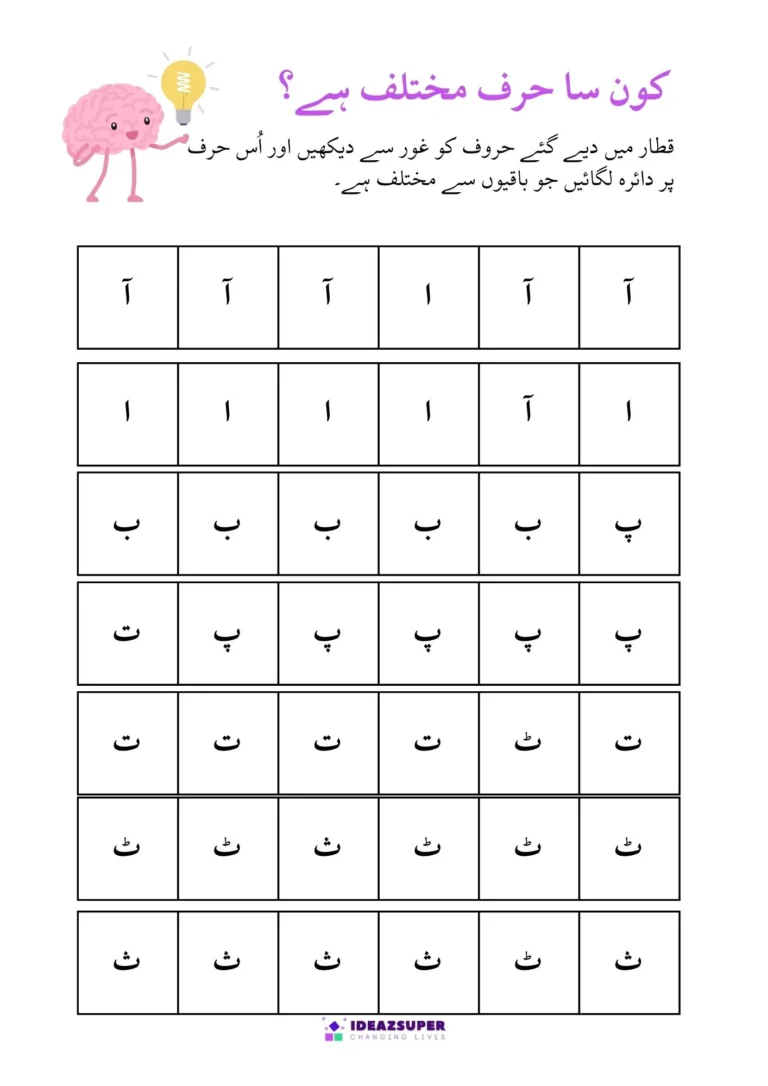 Urdu odd one out worksheet for letters آ to ٹ