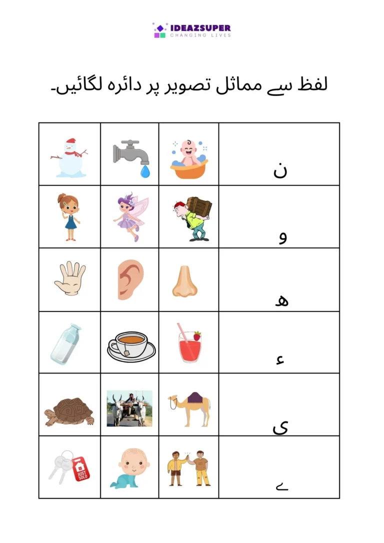 Urdu beginning sound worksheet: circle the picture for the letter, page 7