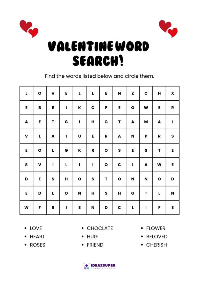 Valentine's Day word search worksheet