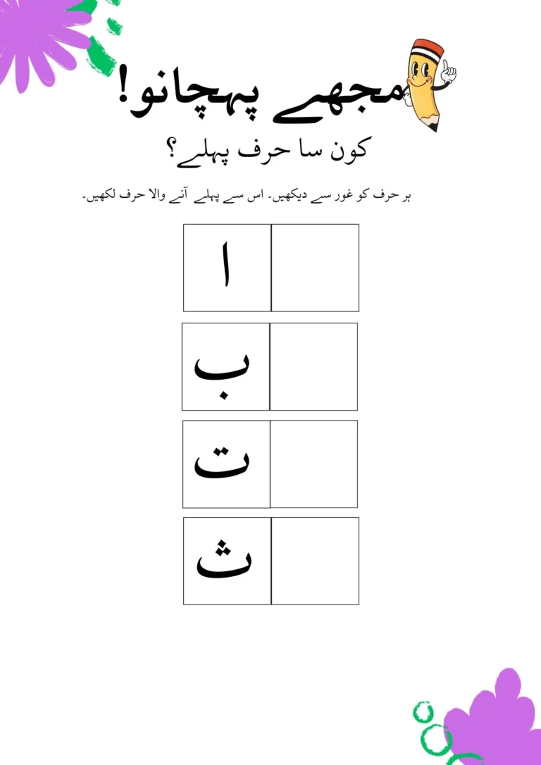 Urdu before letters worksheet for ا to ث