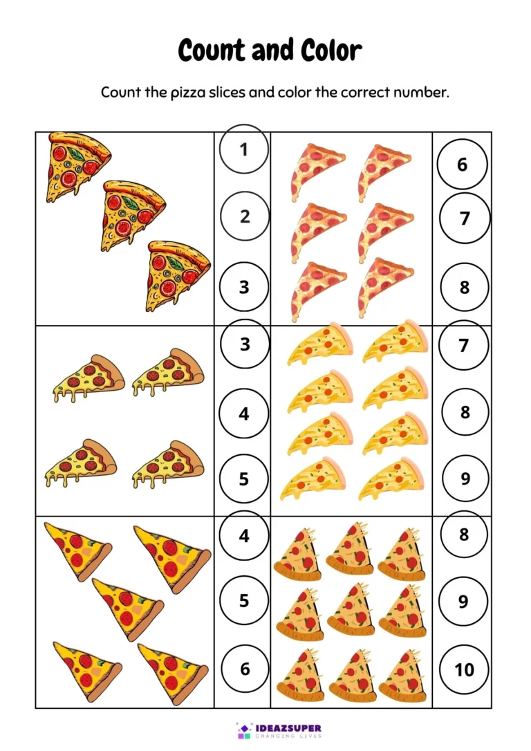 National Pizza Day worksheet: count and colour the pizza slices