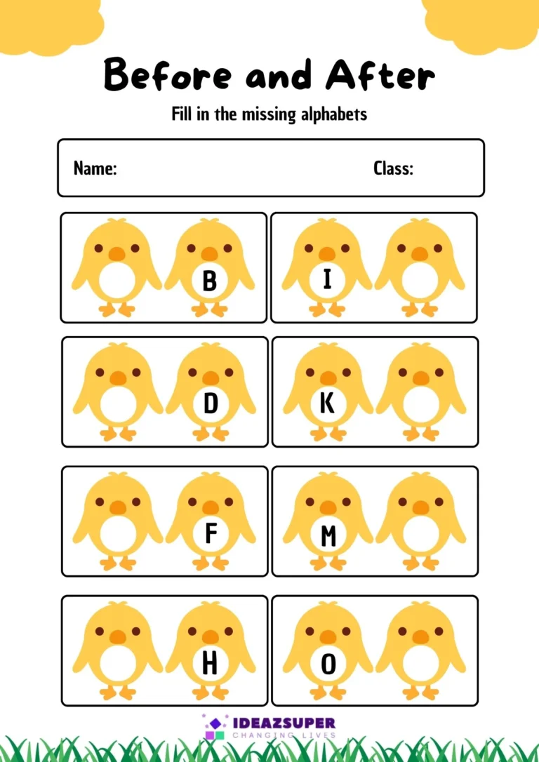 Before and After Letters Worksheets sample page 1