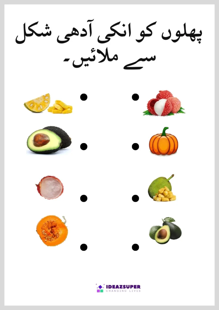 Urdu fruits worksheet: match each fruit to its cut half
