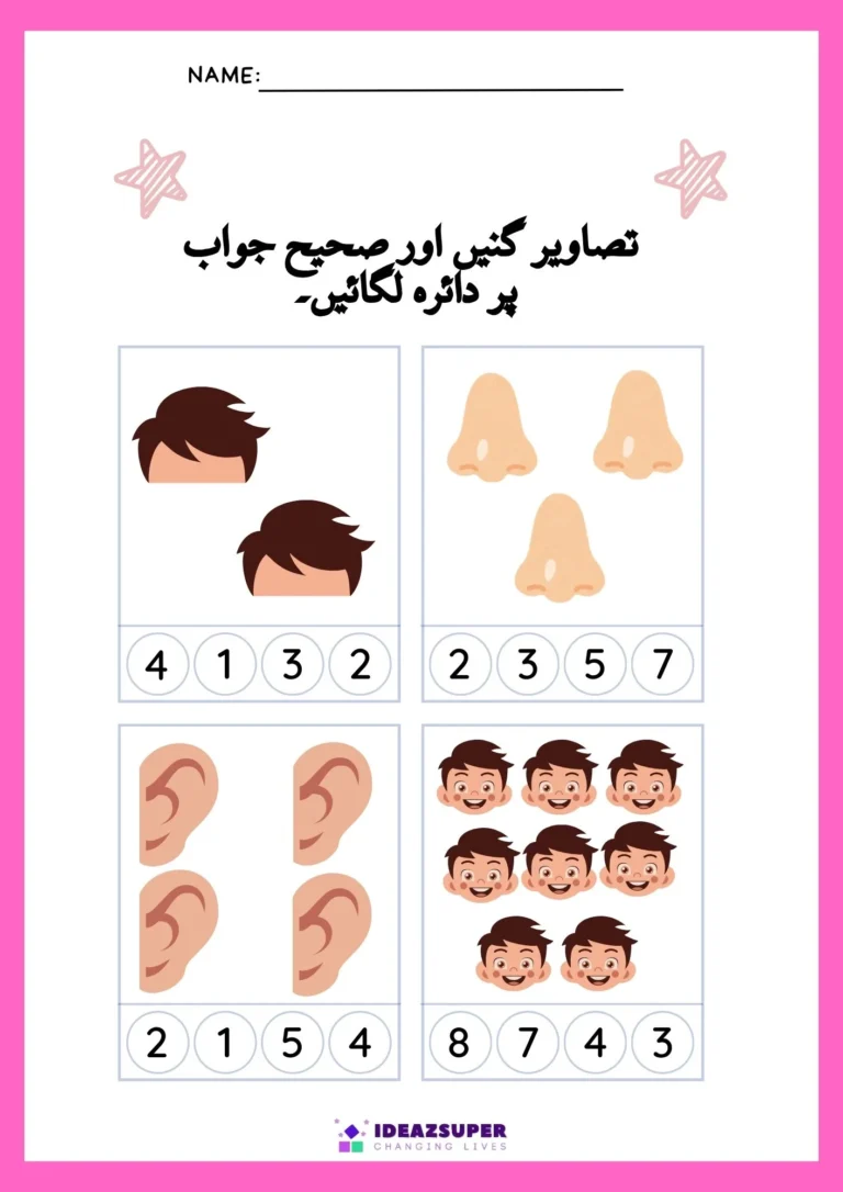 Urdu body parts worksheet: count and circle the right number