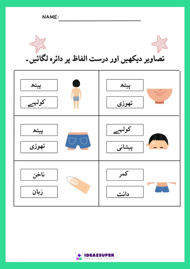 Urdu body parts worksheet: circle the correct word