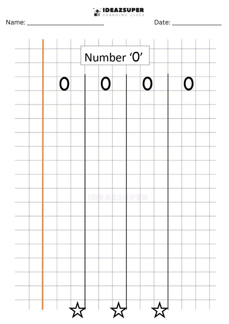 Number Writing Week 11 worksheet page 1: writing the number 0 on a maths block grid