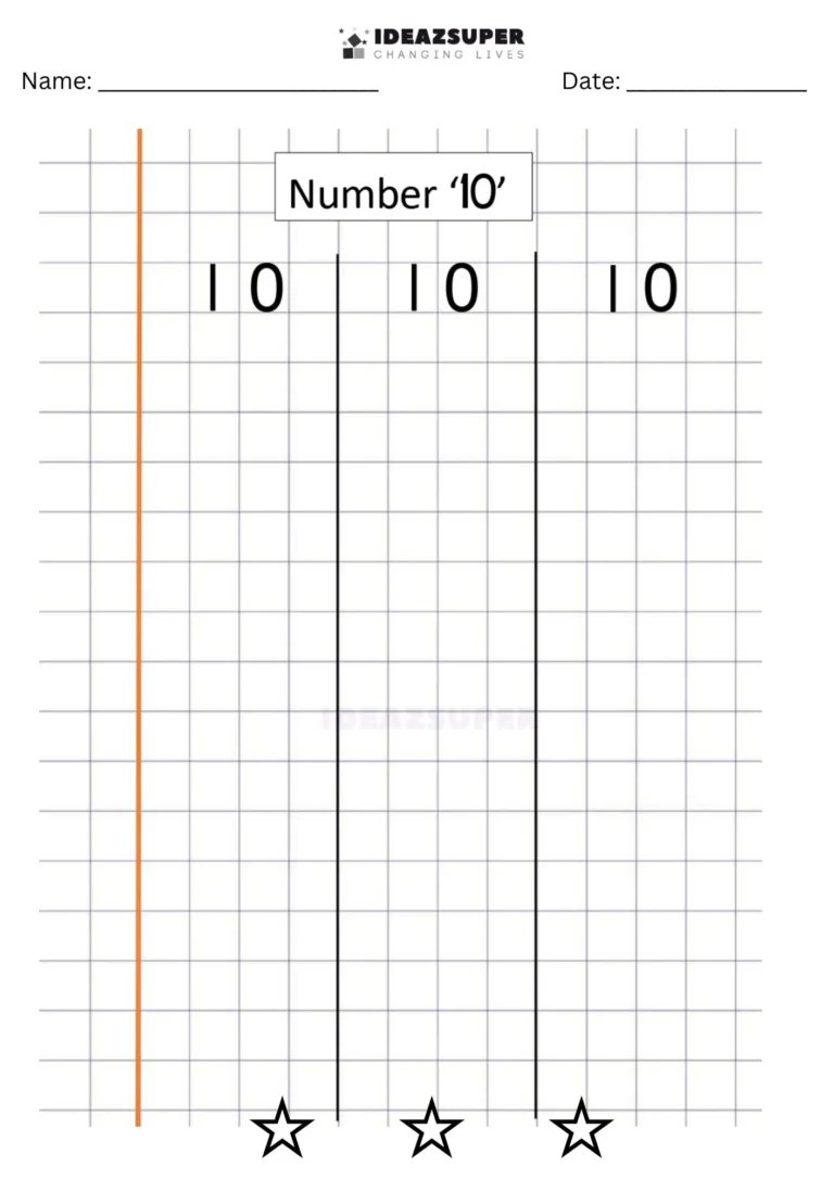 Number Writing Week 11 worksheet page 2: writing the number 10 on a maths block grid