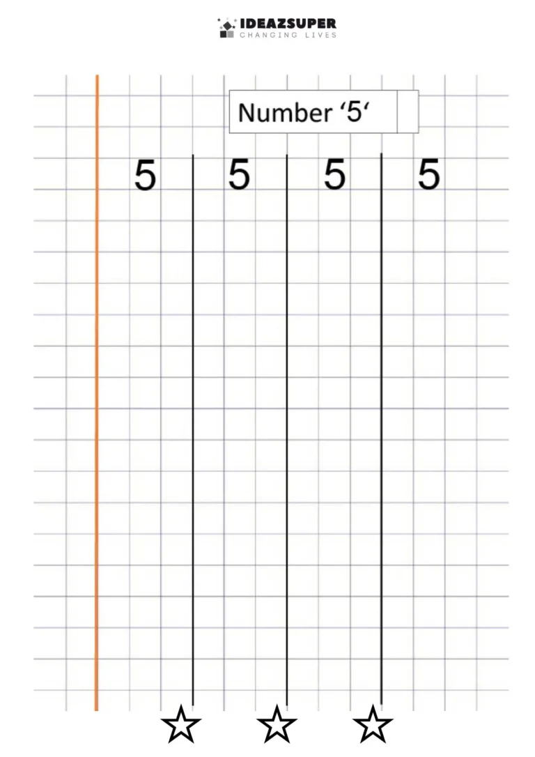Number Writing Week 8 worksheet: writing the number 5 on a maths block grid