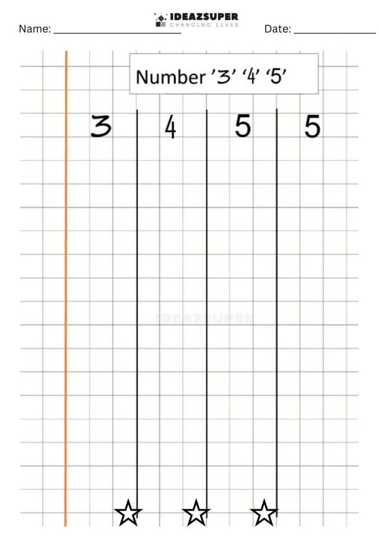 Number Writing Week 8 worksheet: writing 3, 4 and 5 together on a maths block grid