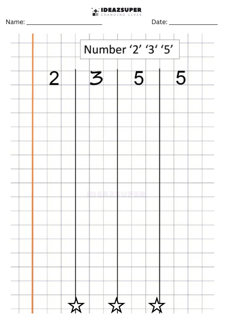 Number Writing Week 8 worksheet: writing 2, 3 and 5 together on a maths block grid
