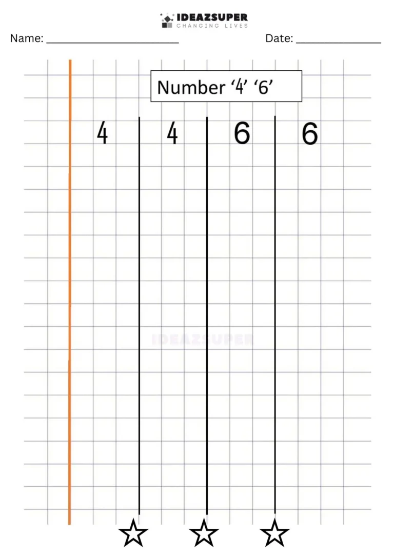 Number Writing Week 6 worksheet: writing 4 and 6 on a maths block grid