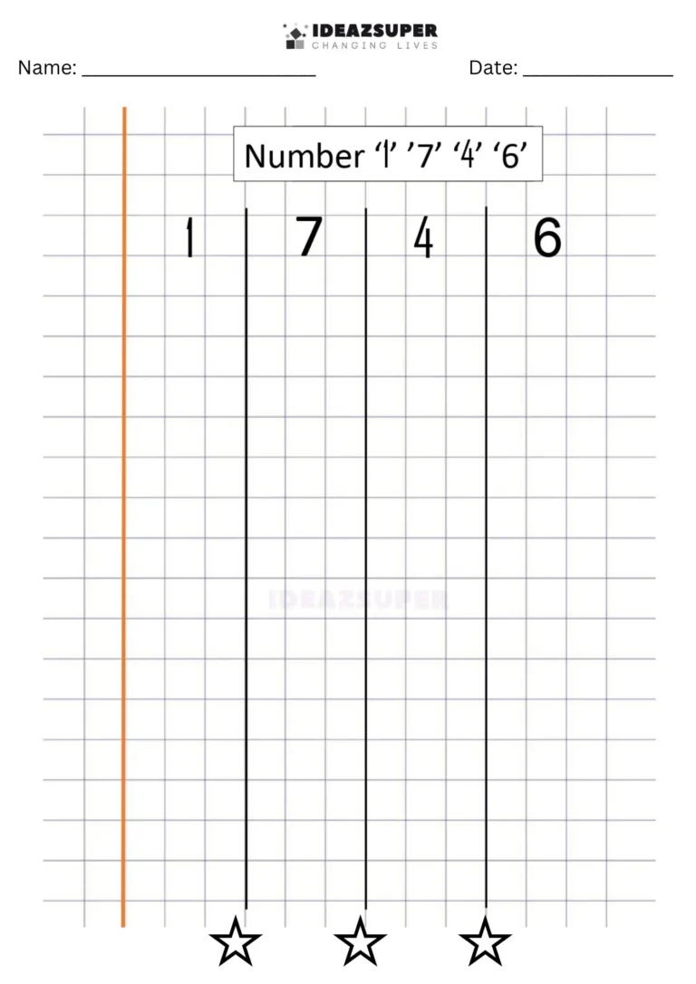 Number Writing Week 6 worksheet: writing 1, 7, 4 and 6 together on a maths block grid