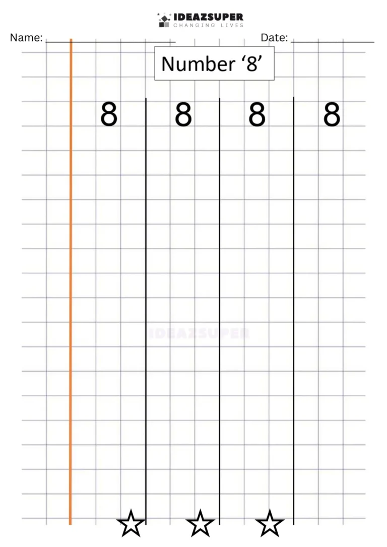 Number Writing Week 10 worksheet: writing the number 8 on a maths block grid