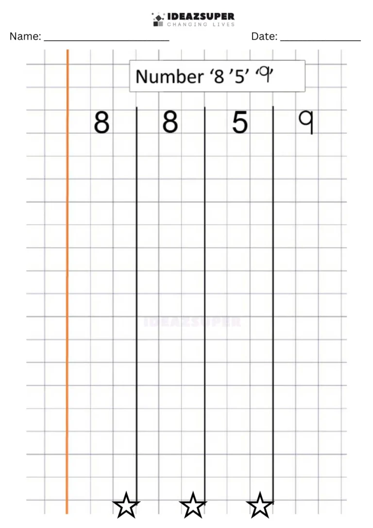 Number Writing Week 10 worksheet: writing 8, 5 and 9 together on a maths block grid